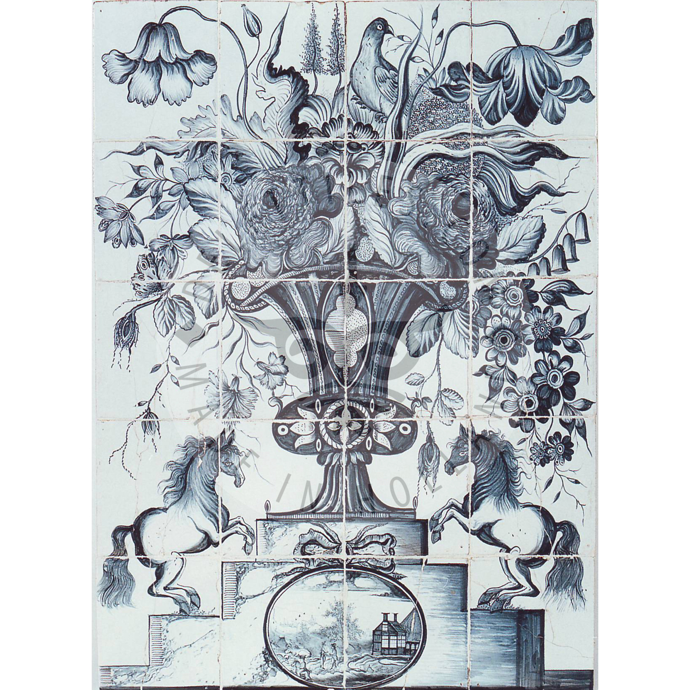 24 tile 19th century antique tile panel with horses