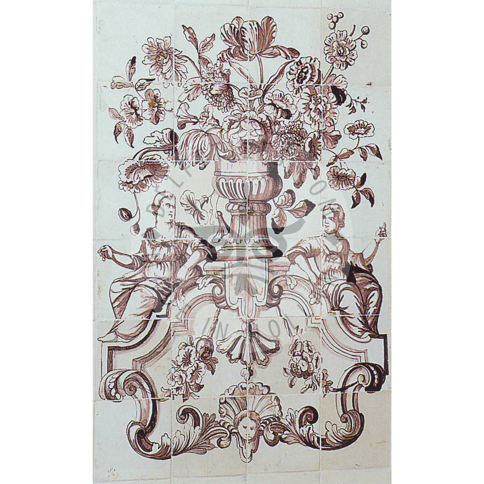 24 tile sepia floral panel with 2 women