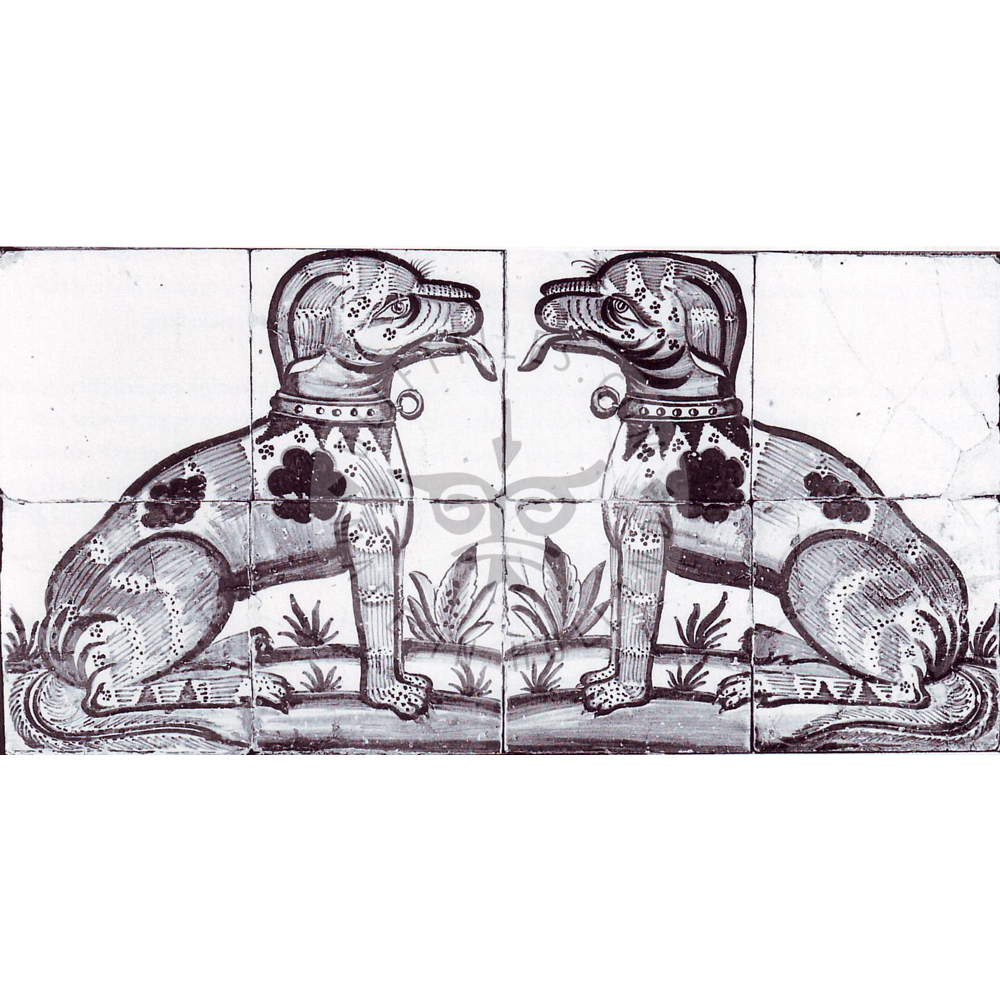4 tile 2 sitting dog murals dated 1800