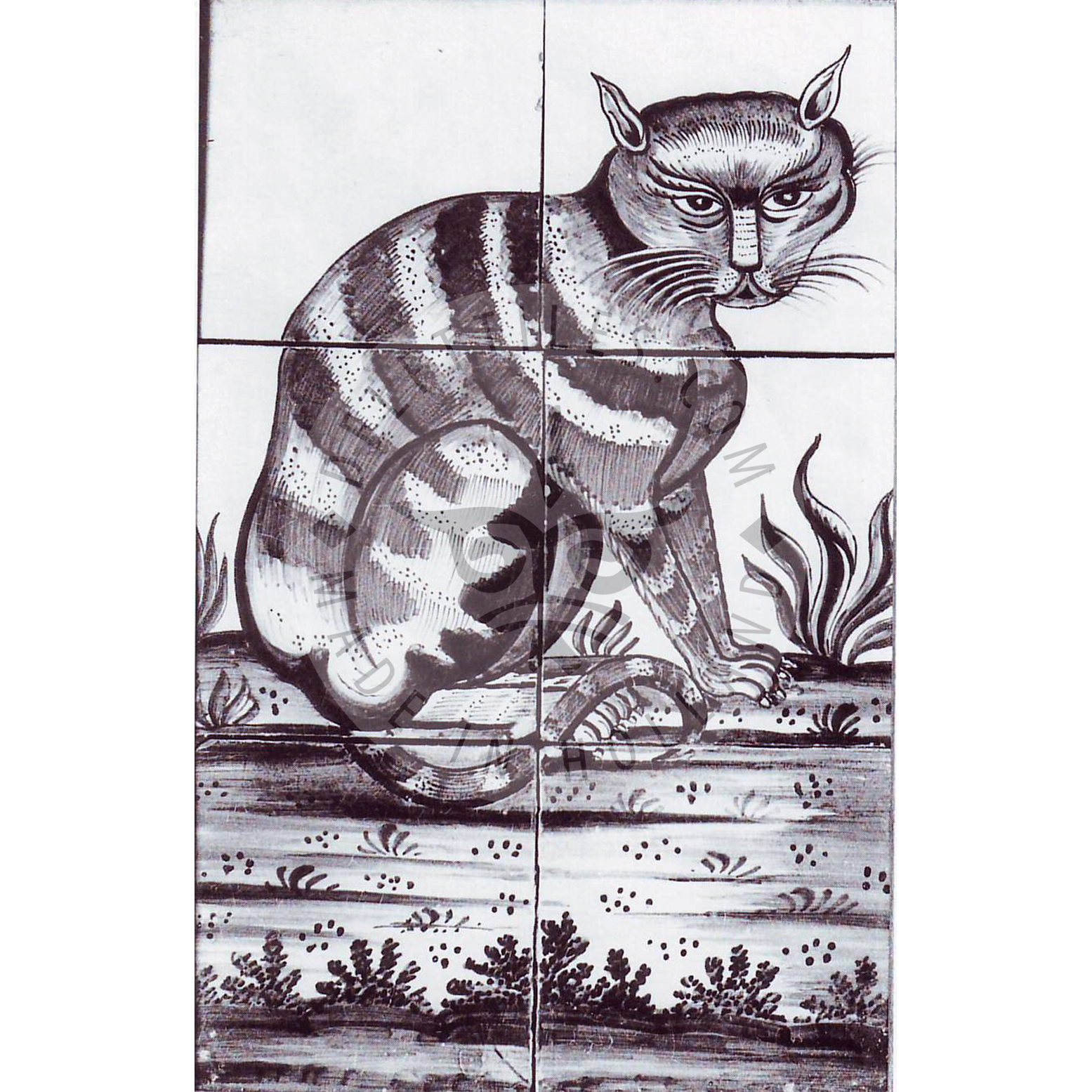 6 tile sitting cat tile panel dated 1800