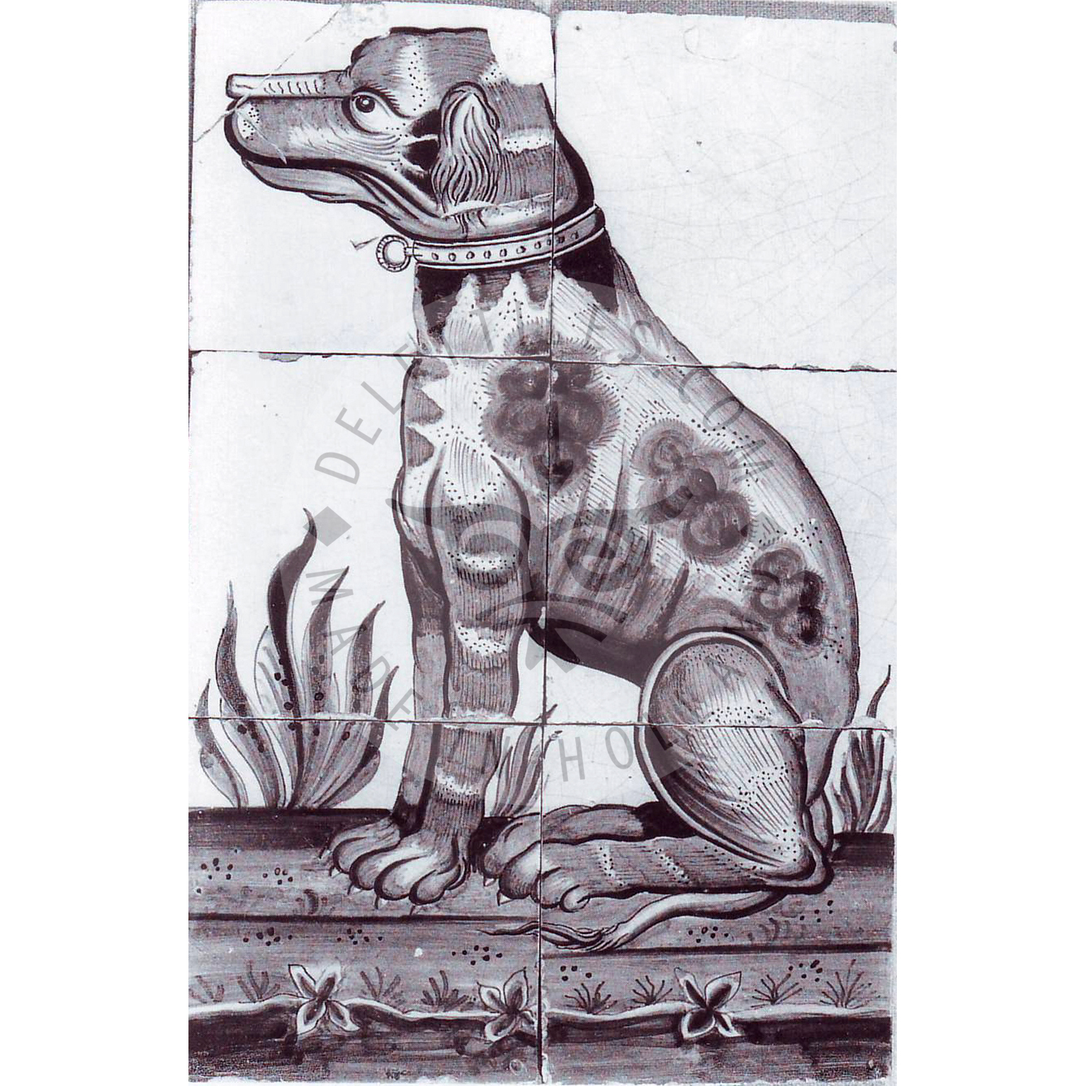 6-teiliges Fliesenbild mit sitzendem Hund, datiert 1800