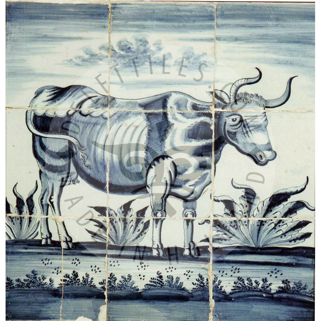 9 tile Paulus Potter Delft Blue cow panel dated 1790