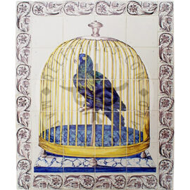Parrot in Cage tile panel  4×5 tiles (D20a) + B09 border sepia