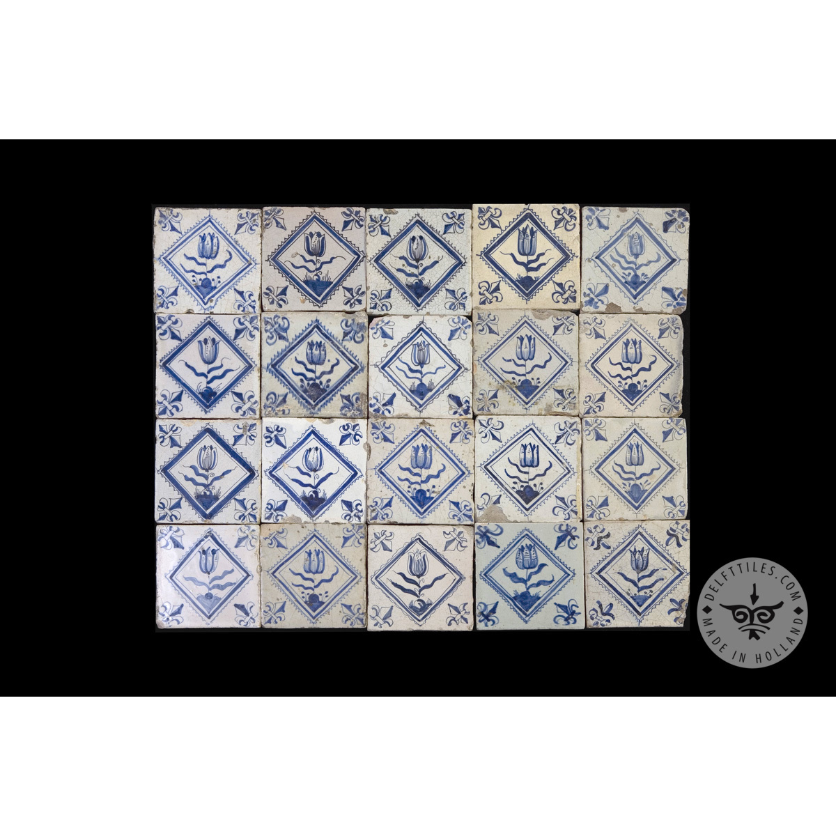 Antique Delft Tiles set #54 - tulip in square tiles