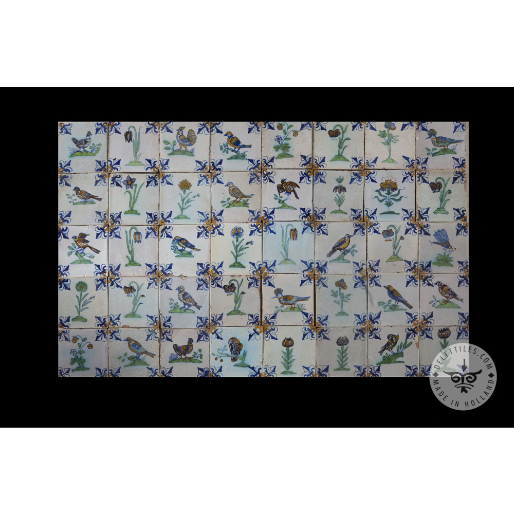 Antique Delft Tiles set #60 - flower bird tiles