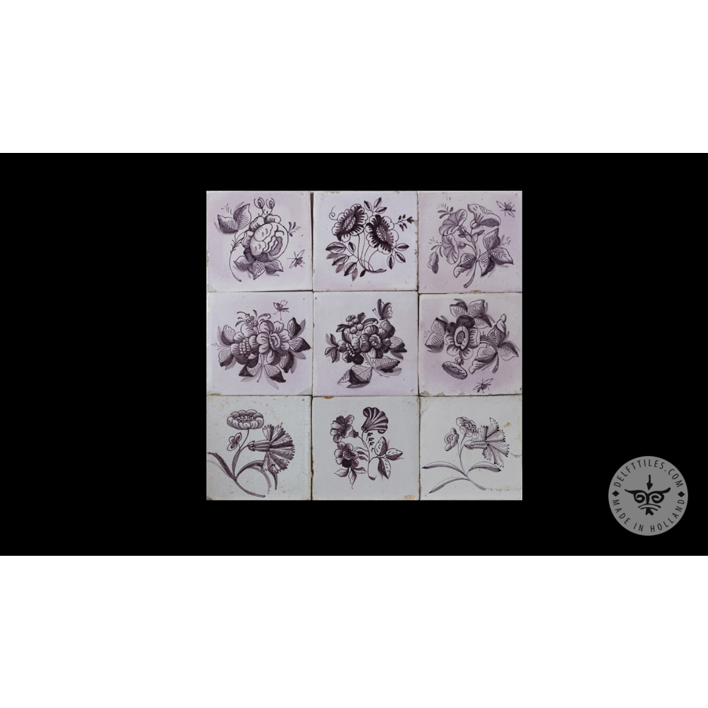 Antique Delft Tiles set #70 - sepia big flowers
