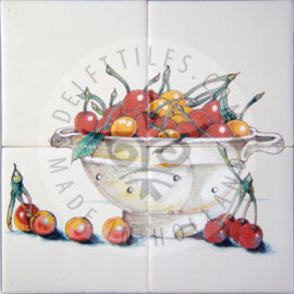 Enamel Colander with Cherries panel 2×2 Tiles (HF4g)