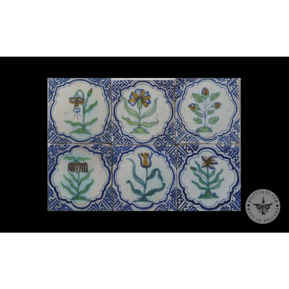 Antikes Delfter Fliesen-Set Nr. 77 - polychrome Blumen