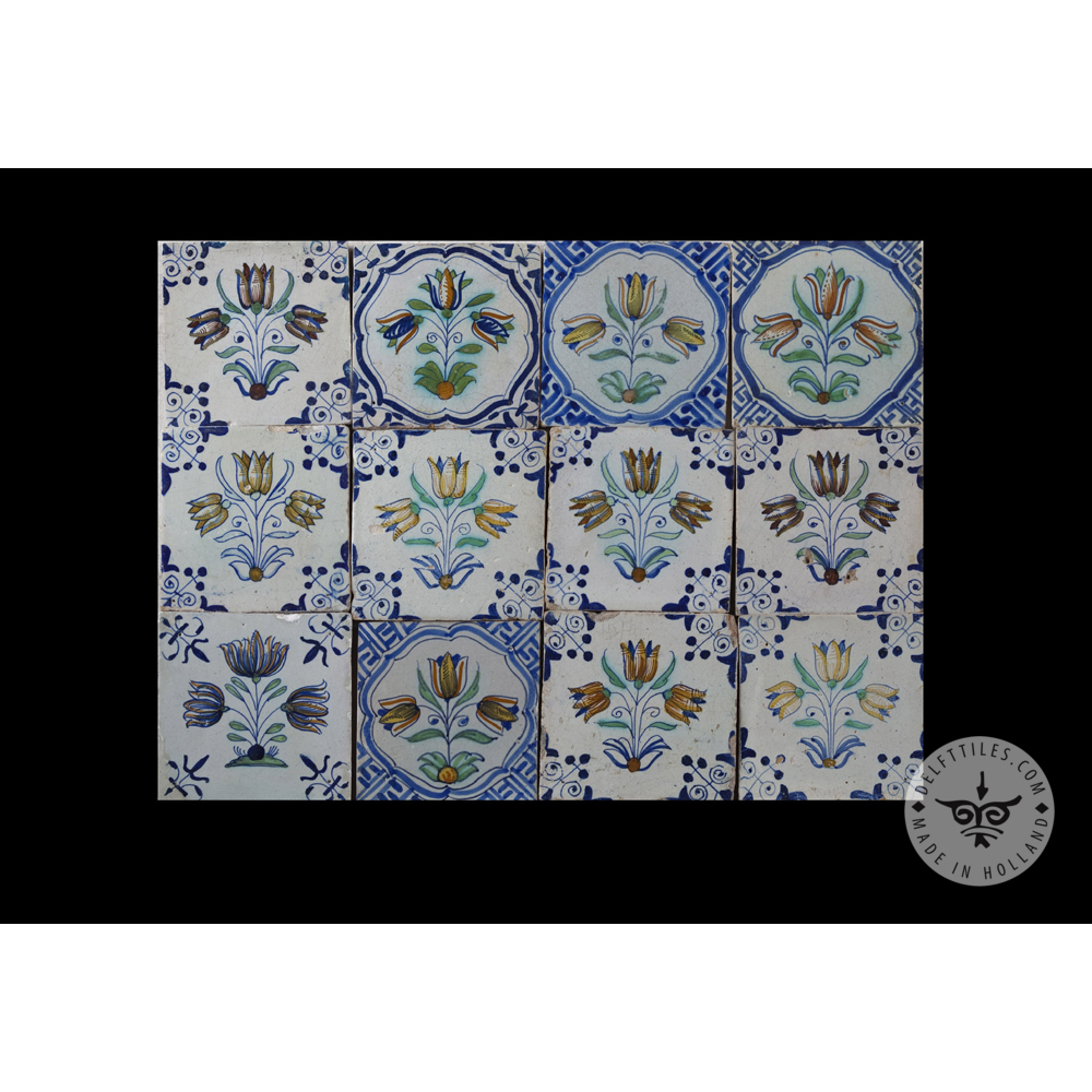 Antique Delft Tiles set #78 - polychrome flowers