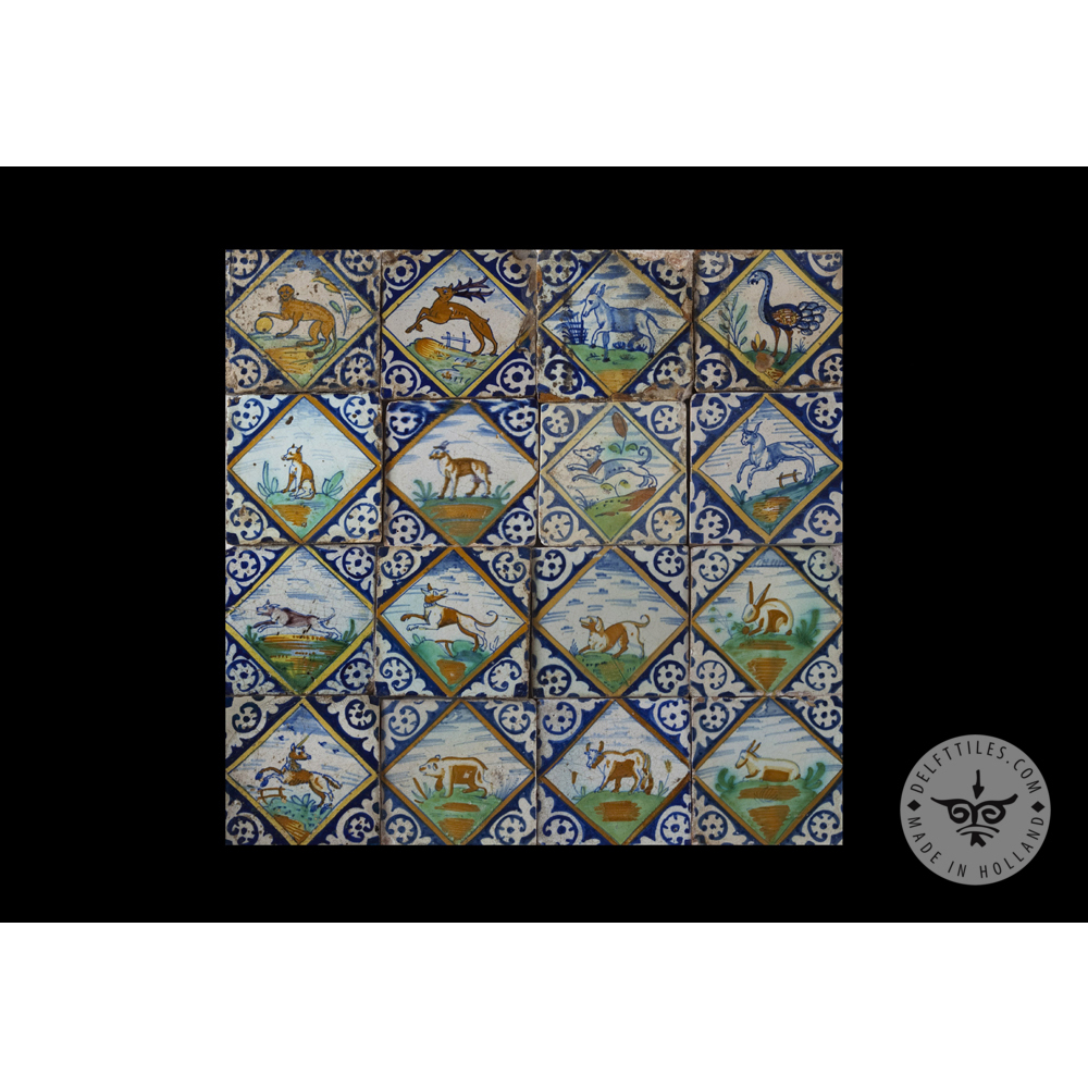 Antique Delft Tiles set #75 - polychrome animal in diamond