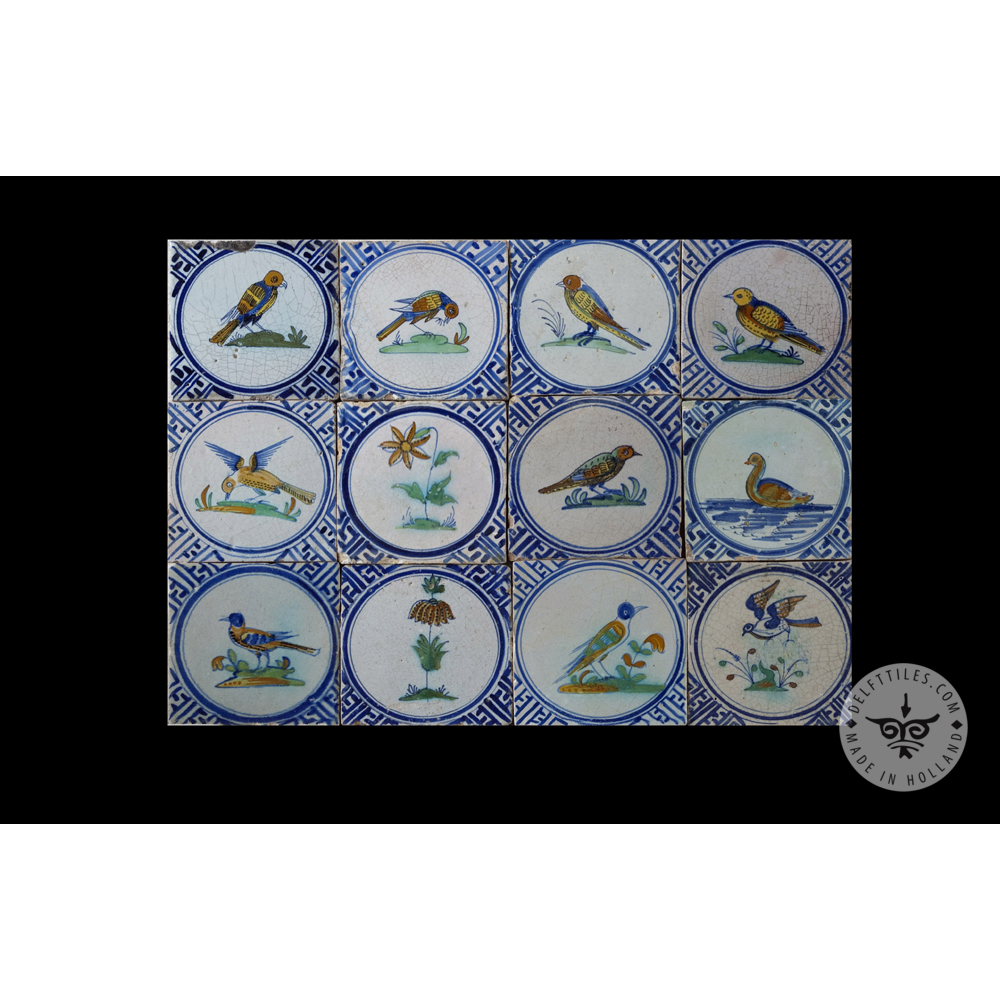 Antique Delft Tiles set #76 - polychrome bird in circle
