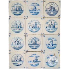 Delft blue landscape in circle tiles #L5