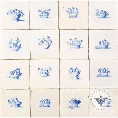 16 antique Delft blue fruit basket tiles #B24