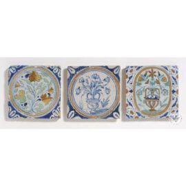 three 17th century polychrome flower tiles #B2