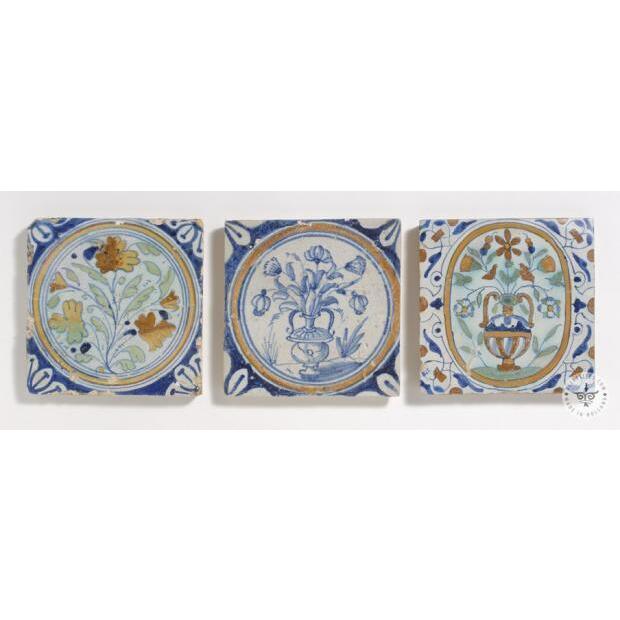 three 17th century polychrome flower tiles #B2