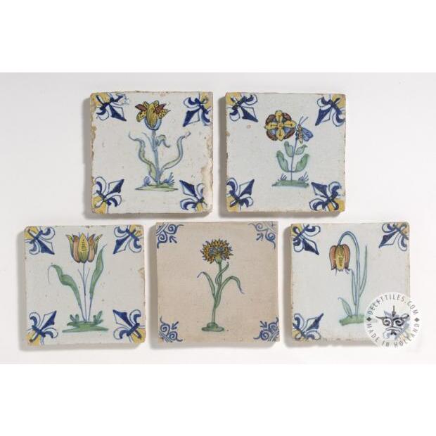 fünf antike Delfter Tulpenfliesen #B5