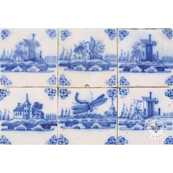 six Delft blue landscape tiles #L4