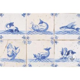 Flying fish antique blue white tiles #S4