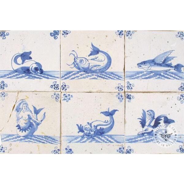Flying fish antique blue white tiles #S4