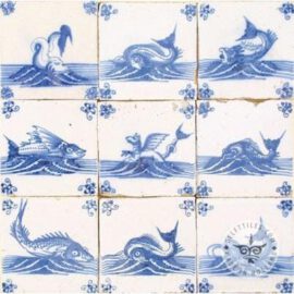 Nine antique blue white fish tiles #S5
