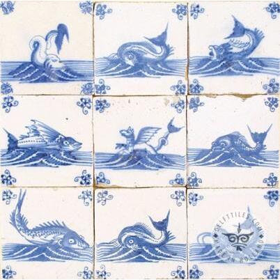 Nine antique blue white fish tiles #S5