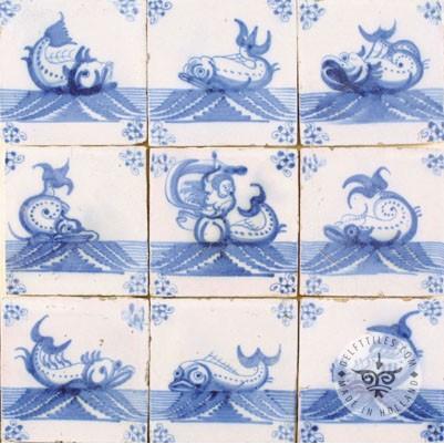 Nine antique blue white fish tiles #S6