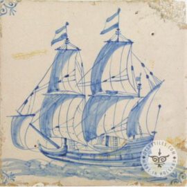 17th century old blue & white ship tile #S12
