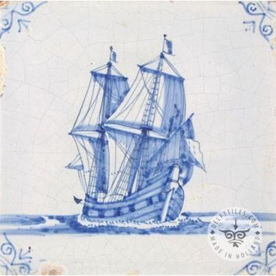 17th century old blue & white boat tile #S13