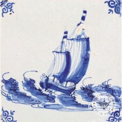 Ship on sea old blue & white tile #S18