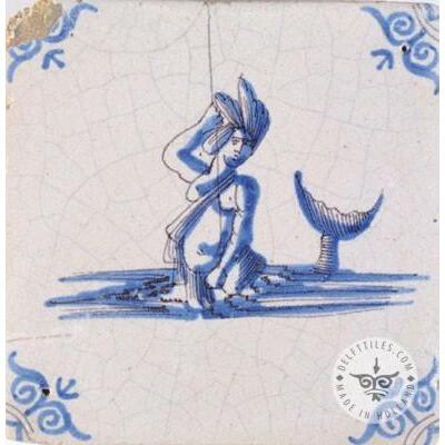 Mermaid old blue & white tile #S19
