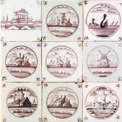 nine antique sepia landscape tiles #L12
