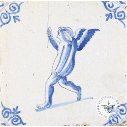 Dutch Delft blue decorated cupid tile #C4