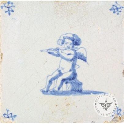 Dutch Delft blue decorated cupid tile #C5