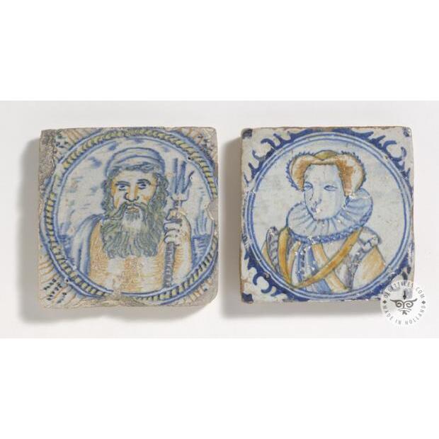 2 rare antique portrait tiles #PC42