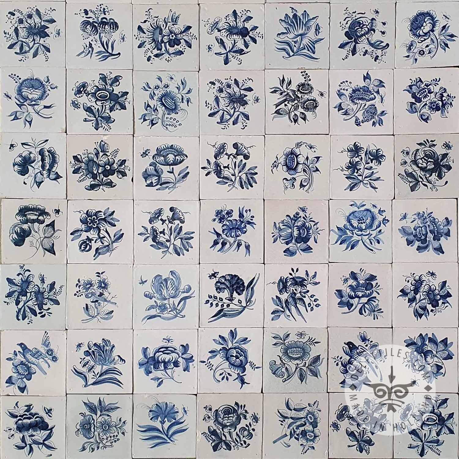 18th century Antique Delft Blue Big Flower Tiles