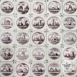 18th century Antique Sepia Manganese Landscape in circle tiles
