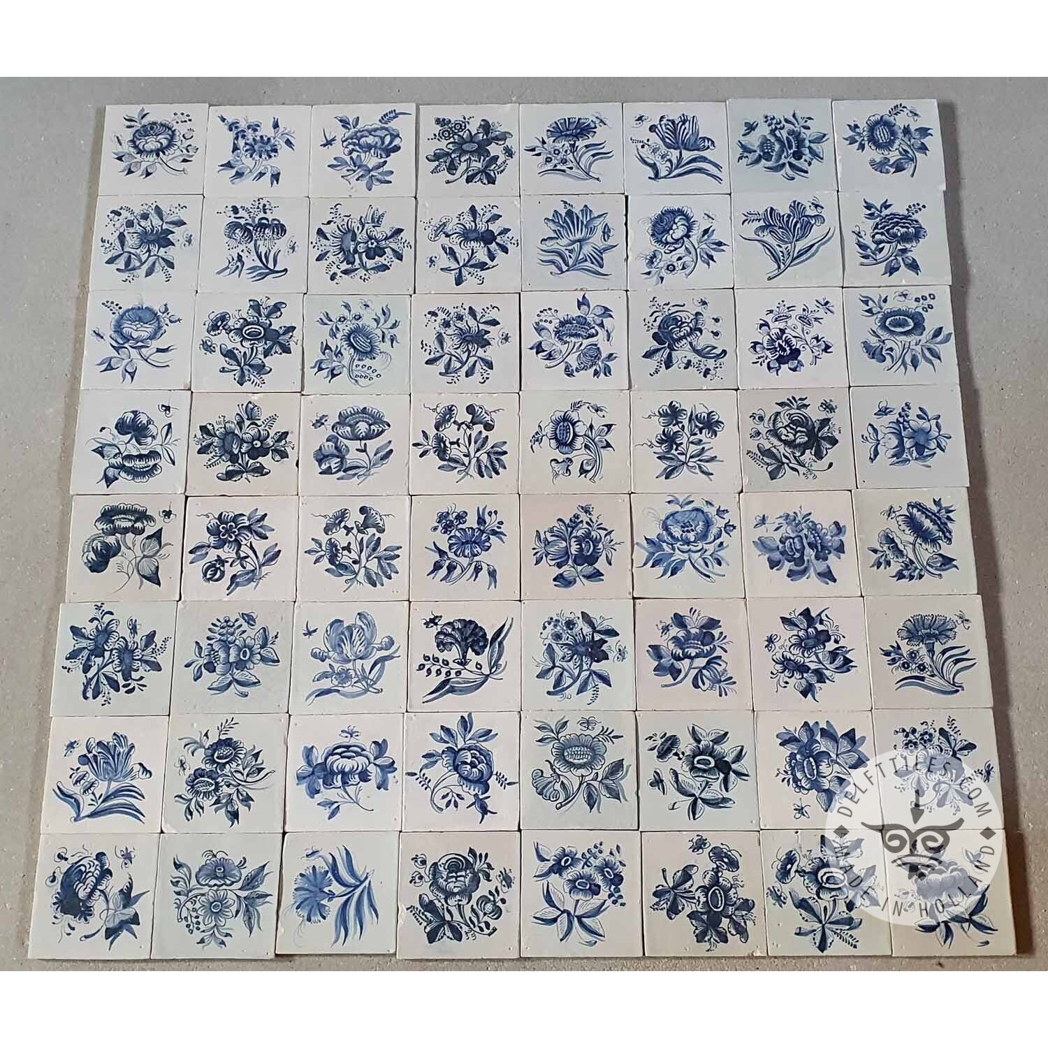 18th century Antique Delft Blue Big Flower Tiles
